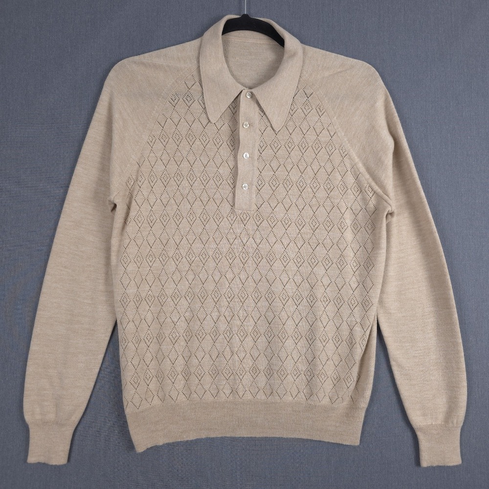 Vintage Robert Bruce Polo Sweater Mens Large Beige Wool Diamond Perforated USA